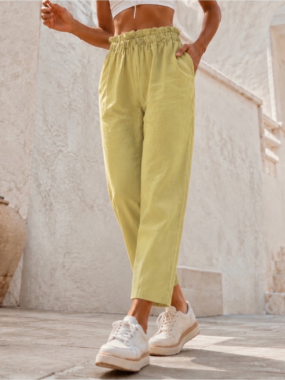 Organic Cotton Linen Basic Ankle Pants Elastic Waist Relaxed Boho Trousers S/M